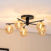 Jupiter Taklampa Prato, svart/bärnstensfärgad, glas, 5 lampor