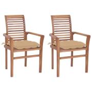 vidaXL Matstolar 2 st med beige dynor massiv teak