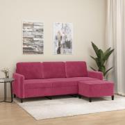 vidaXL 3-sitssoffa med fotstöd vinröd 180 cm sammet