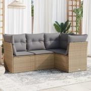 vidaXL Soffgrupp för trädgård med dynor 4 delar beige konstrotting