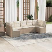 vidaXL Matgrupp för trädgården med dynor 7 delar beige konstrotting