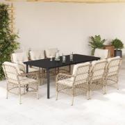 vidaXL Matgrupp för trädgården med dynor 9 delar beige konstrotting