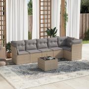 vidaXL Matgrupp för trädgården med dynor 7 delar beige konstrotting