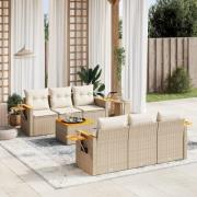 vidaXL Matgrupp för trädgården med dynor 7 delar beige konstrotting