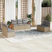 vidaXL Matgrupp för trädgården med dynor 7 delar beige konstrotting