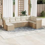 vidaXL Matgrupp för trädgården med dynor 8 delar beige konstrotting