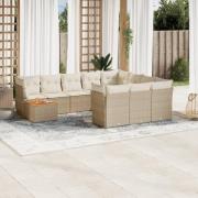 vidaXL Loungegrupp för trädgården m. dynor 11 delar beige konstrotting