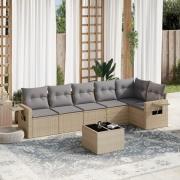 vidaXL Matgrupp för trädgården med dynor 7 delar beige konstrotting
