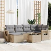 vidaXL Matgrupp för trädgården med dynor 7 delar beige konstrotting