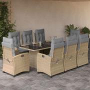 vidaXL Matgrupp för trädgården med dynor 9 delar mixbeige konstrotting
