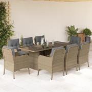 vidaXL Matgrupp för trädgården med dynor 9 delar beige konstrotting