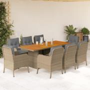 vidaXL Matgrupp för trädgården med dynor 9 delar beige konstrotting