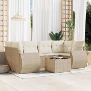vidaXL Matgrupp för trädgården med dynor 7 delar beige konstrotting