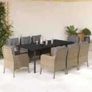vidaXL Matgrupp för trädgården med dynor 9 delar beige konstrotting