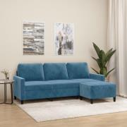 vidaXL 3-sitssoffa med fotpall blå 180 cm sammet