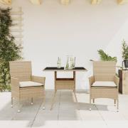 vidaXL Matgrupp för trädgård med dynor 3 delar beige konstrotting&glas