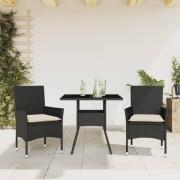 vidaXL Matgrupp för trädgård med dynor 3 delar svart konstrotting&glas