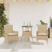 vidaXL Matgrupp för trädgård med dynor 3 delar beige konstrotting&glas