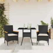 vidaXL Matgrupp för trädgård med dynor 3 delar svart konstrotting&glas