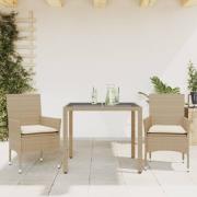 vidaXL Matgrupp för trädgård med dynor 3 delar beige konstrotting&glas