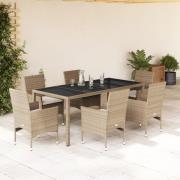 vidaXL Matgrupp för trädgård med dynor 7 delar beige konstrotting&glas
