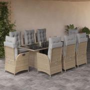 vidaXL Matgrupp för trädgården med dynor 9 delar mixbeige konstrotting