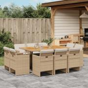 vidaXL Matgrupp för trädgården med dynor 11 delar beige konstrotting