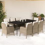 vidaXL Matgrupp för trädgården med dynor 9 delar beige konstrotting