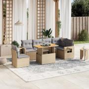 vidaXL Matgrupp för trädgården med dynor 7 delar beige konstrotting