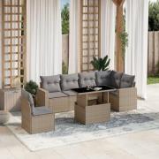 vidaXL Matgrupp för trädgården med dynor 7 delar beige konstrotting
