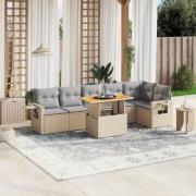 vidaXL Matgrupp för trädgården med dynor 7 delar beige konstrotting