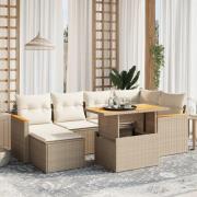 vidaXL Matgrupp för trädgården med dynor 7 delar beige konstrotting