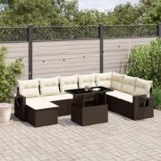 vidaXL Loungegrupp för trädgården med dynor 9 delar konstrotting brun