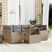 vidaXL Matgrupp för trädgården med dynor 7 delar beige konstrotting