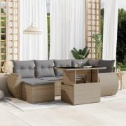 vidaXL Matgrupp för trädgården med dynor 7 delar beige konstrotting