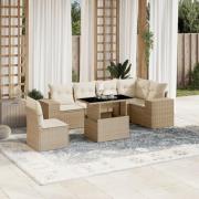 vidaXL Matgrupp för trädgården med dynor 7 delar beige konstrotting