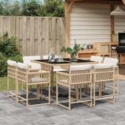 vidaXL Matgrupp för trädgården med dynor 9 delar beige konstrotting