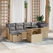 vidaXL Matgrupp för trädgården med dynor 7 delar beige konstrotting