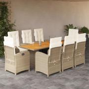 vidaXL Matgrupp för trädgården med dynor 9 delar beige konstrotting