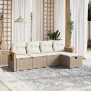 vidaXL Soffgrupp för trädgården med dynor 5 delar beige konstrotting
