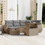 vidaXL Matgrupp för trädgården med dynor 7 delar beige konstrotting