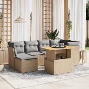 vidaXL Matgrupp för trädgården med dynor 7 delar beige konstrotting