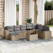 vidaXL Soffgrupp för trädgården med dynor 9 delar beige konstrotting