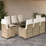 vidaXL Matgrupp för trädgården med dynor 9 delar beige konstrotting