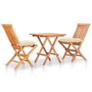 vidaXL Caféset 3 delar med gräddvita dynor massiv teak