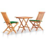 vidaXL Caféset 3 delar med gröna dynor massiv teak