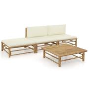 vidaXL Loungegrupp för trädgården med gräddvita dynor 4 delar bambu