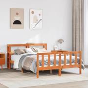vidaXL Sängram med huvudgavel vaxbrun 160x200 cm massiv furu