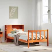vidaXL Säng med bokhylla utan madrass vaxad brun 90x200 cm massiv furu