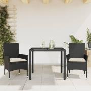 vidaXL Matgrupp för trädgård med dynor 3 delar svart konstrotting&glas